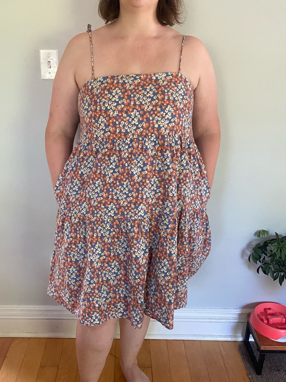 Everlane Floral Smocked Mini Dress in Rust and Blue